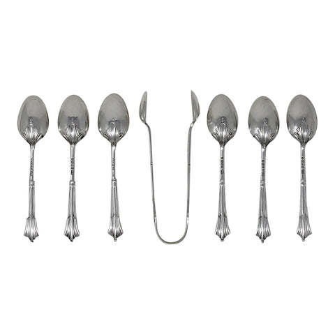 1883 - 1890 Antique Victorian Era Set Six Sterling Silver Tea Spoons and Sugar Tongs Harrison Brothers & Howson (Henry Harrison) Sheffield Hallmarks