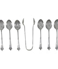 1883 - 1890 Antique Victorian Era Set Six Sterling Silver Tea Spoons and Sugar Tongs Harrison Brothers & Howson (Henry Harrison) Sheffield Hallmarks