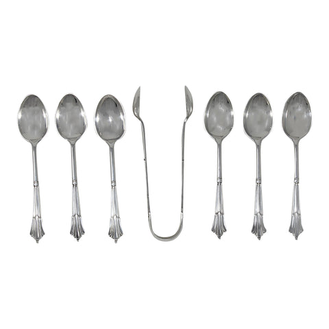 1883 - 1890 Antique Victorian Era Set Six Sterling Silver Tea Spoons and Sugar Tongs Harrison Brothers & Howson (Henry Harrison) Sheffield Hallmarks