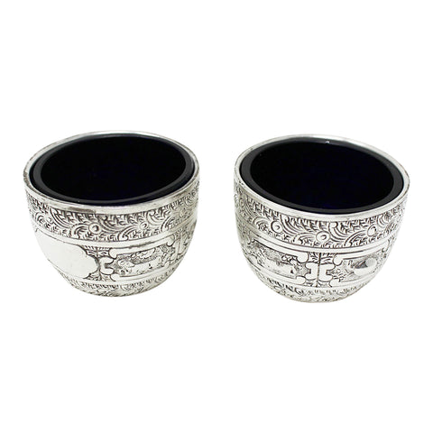 1884 Antique Victorian Era Pair Sterling Silver Salts Decorated with the signs of the Zodiac Silversmiths Charles Stuart Harris London Hallmarks