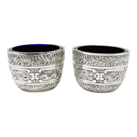 1884 Antique Victorian Era Pair Sterling Silver Salts Decorated with the signs of the Zodiac Silversmiths Charles Stuart Harris London Hallmarks
