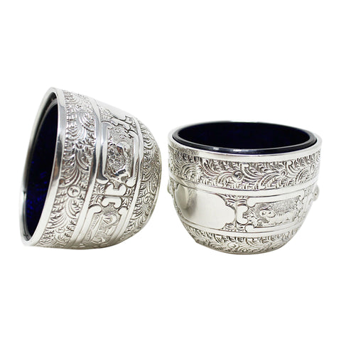 1884 Antique Victorian Era Pair Sterling Silver Salts Decorated with the signs of the Zodiac Silversmiths Charles Stuart Harris London Hallmarks