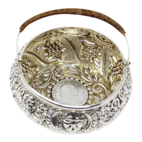 1885 Antique Victorian Era Sterling Silver Basket inset with a William III 1697 Half Crown Silversmith Rosenthal, Jacob & Co (Julius (Judah) Rosenthal & Samuel Jacob) London Hallmarks