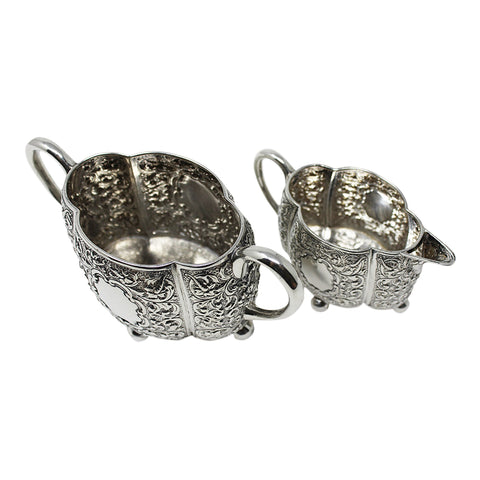 1886 Antique Victorian Era Sterling Silver Cream Jug and Sugar Bowl Silversmith Horace Woodward & Co (Edgar Finley & Hugh Taylor) London Hallmarks