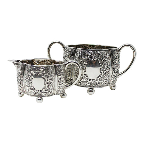 1886 Antique Victorian Era Sterling Silver Cream Jug and Sugar Bowl Silversmith Horace Woodward & Co (Edgar Finley & Hugh Taylor) London Hallmarks