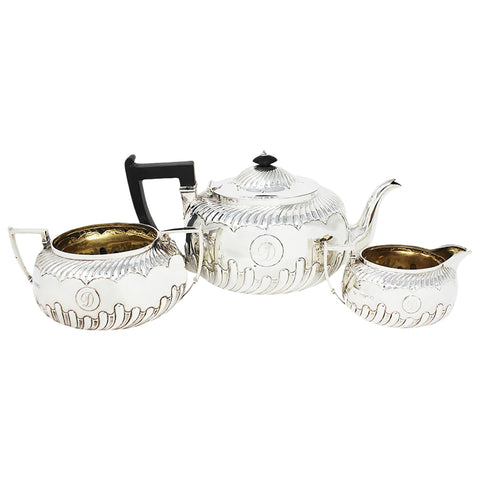 1886 Antique Victorian Era Sterling Silver Tea Set, Tea pot, Sugar Bowl, Milk Jug Silversmiths Martin, Hall & Co (Richard Martin & Ebenezer Hall) London Hallmarks
