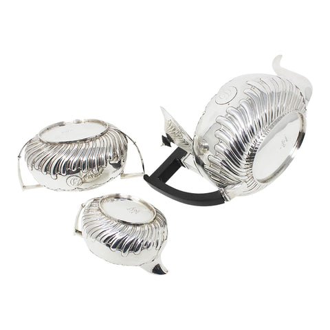 1886 Antique Victorian Era Sterling Silver Tea Set, Tea pot, Sugar Bowl, Milk Jug Silversmiths Martin, Hall & Co (Richard Martin & Ebenezer Hall) London Hallmarks