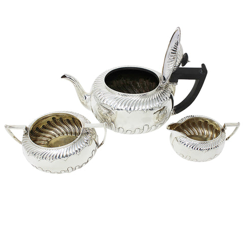 1886 Antique Victorian Era Sterling Silver Tea Set, Tea pot, Sugar Bowl, Milk Jug Silversmiths Martin, Hall & Co (Richard Martin & Ebenezer Hall) London Hallmarks