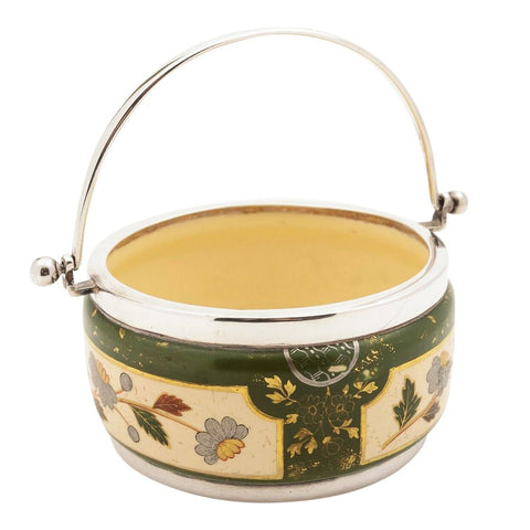 1887 Antique Victorian Era Pottery Solid Sterling Silver Biscuit Sweats Basket William Briggs & Co Sheffield Hallmarks