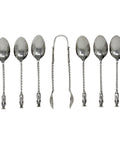 1887 Antique Victorian Era Set Six Silver Apostle Coffee Spoons and Sugar Tongs Silversmith Josiah Williams & Co, George Maudsley Jackson London Hallmarks