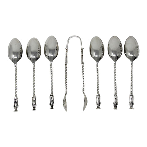 1887 Antique Victorian Era Set Six Silver Apostle Coffee Spoons and Sugar Tongs Silversmith Josiah Williams & Co, George Maudsley Jackson London Hallmarks