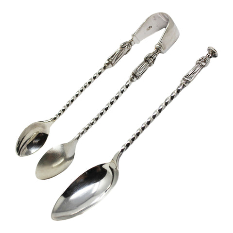 1887 Antique Victorian Era Set Six Silver Apostle Coffee Spoons and Sugar Tongs Silversmith Josiah Williams & Co, George Maudsley Jackson London Hallmarks