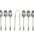 1887 Antique Victorian Era Set Six Silver Apostle Coffee Spoons and Sugar Tongs Silversmith Josiah Williams & Co, George Maudsley Jackson London Hallmarks