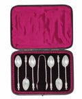 1887 Antique Victorian Era Set Six Silver Apostle Coffee Spoons and Sugar Tongs Silversmith Josiah Williams & Co, George Maudsley Jackson London Hallmarks