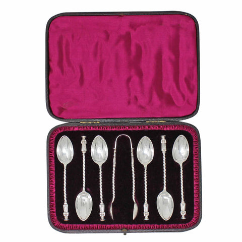 1887 Antique Victorian Era Set Six Silver Apostle Coffee Spoons and Sugar Tongs Silversmith Josiah Williams & Co, George Maudsley Jackson London Hallmarks