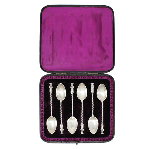 1887 Antique Victorian Era Sterling Silver Apostle Set Six Tea Spoons with original Case Silversmith Josiah Williams & Co (George Maudsley Jackson) London Hallmarks