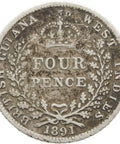 1891 4 Pence British Guyana West Indies Silver Coin Victoria