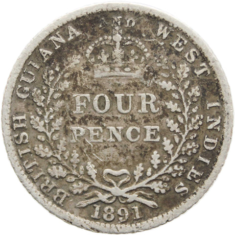 1891 4 Pence British Guyana West Indies Silver Coin Victoria