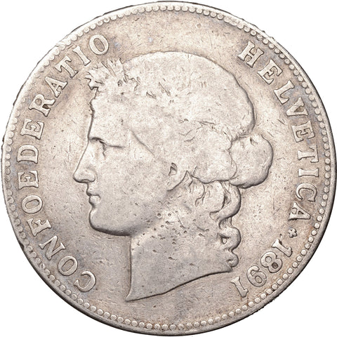 1891 5 Francs Switzerland Coin Silver Bern Mint