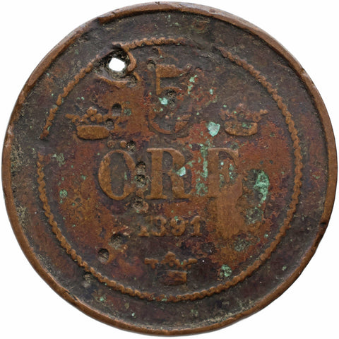 1891 5 Ore Sweden Coin Oscar II, Large Letters, 4 Ridges in crown
