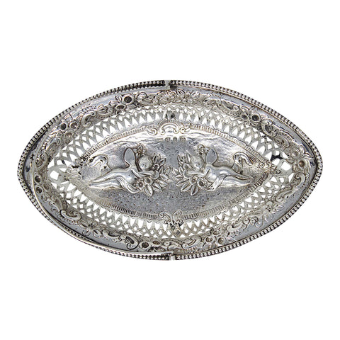 1891 Antique Victorian Era Angels Decorative Sterling Silver Pierced Sweets Basket Silversmith Nathan & Hayes (George Nathan & Ridley Hayes) Birmingham Hallmarks