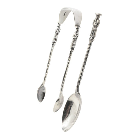 1892 - 1895 Antique Victorian Era Set Six Sterling Silver Apostle Tea Spoons and Sugar Tongs Silversmith Josiah Williams & Co (George Maudsley Jackson) London Hallmarks