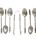1892 - 1895 Antique Victorian Era Set Six Sterling Silver Apostle Tea Spoons and Sugar Tongs Silversmith Josiah Williams & Co (George Maudsley Jackson) London Hallmarks