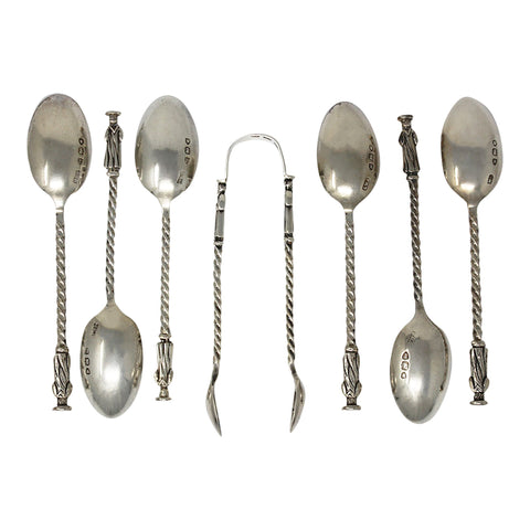 1892 - 1895 Antique Victorian Era Set Six Sterling Silver Apostle Tea Spoons and Sugar Tongs Silversmith Josiah Williams & Co (George Maudsley Jackson) London Hallmarks