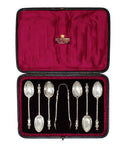1892 - 1895 Antique Victorian Era Set Six Sterling Silver Apostle Tea Spoons and Sugar Tongs Silversmith Josiah Williams & Co (George Maudsley Jackson) London Hallmarks