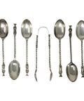1892 - 1895 Antique Victorian Era Set Six Sterling Silver Apostle Tea Spoons and Sugar Tongs Silversmith Josiah Williams & Co (George Maudsley Jackson) London Hallmarks