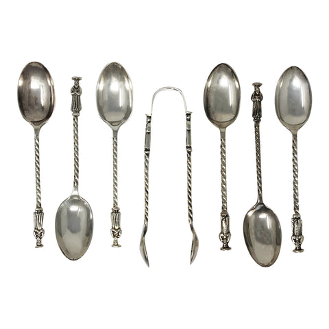 1892 - 1895 Antique Victorian Era Set Six Sterling Silver Apostle Tea Spoons and Sugar Tongs Silversmith Josiah Williams & Co (George Maudsley Jackson) London Hallmarks