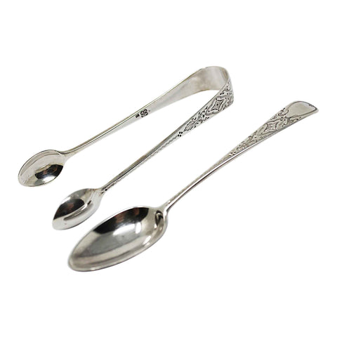 1892 Antique Victorian Era Sterling Silver Set Six Teaspoons and Sugar Tongs Ornately Engraved with Original Box London Hallmarks John Aldwinckle & Thomas Slater Maker