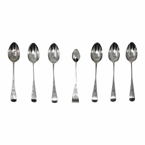 1892 Antique Victorian Era Sterling Silver Set Six Teaspoons and Sugar Tongs Ornately Engraved with Original Box London Hallmarks John Aldwinckle & Thomas Slater Maker