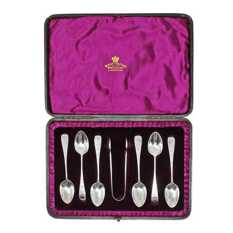 1892 Antique Victorian Era Sterling Silver Set Six Teaspoons and Sugar Tongs Ornately Engraved with Original Box London Hallmarks John Aldwinckle & Thomas Slater Maker