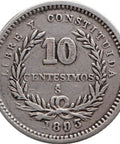 1893 10 Centesimos Overdate Uruguay Coin Silver Santiago Mint