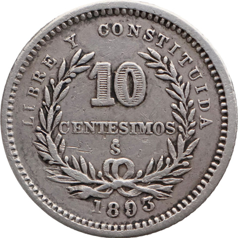 1893 10 Centesimos Overdate Uruguay Coin Silver Santiago Mint