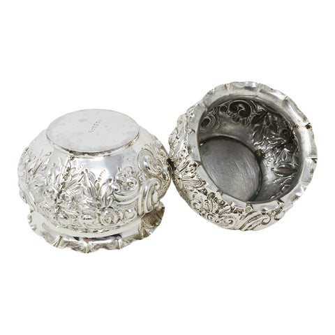 1893 Antique Victorian Era Pair Sterling Silver Salt Cellars Silversmiths Charles Edwards London Hallmarks