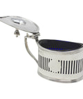 1895 Antique Victorian Era Sterling Silver Pierced Mustard Pot with Blue Glass Liner Silversmiths Haseler Brothers (Edward John Haseler & Noble Haseler) London Hallmarks