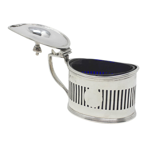 1895 Antique Victorian Era Sterling Silver Pierced Mustard Pot with Blue Glass Liner Silversmiths Haseler Brothers (Edward John Haseler & Noble Haseler) London Hallmarks