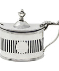 1895 Antique Victorian Era Sterling Silver Pierced Mustard Pot with Blue Glass Liner Silversmiths Haseler Brothers (Edward John Haseler & Noble Haseler) London Hallmarks