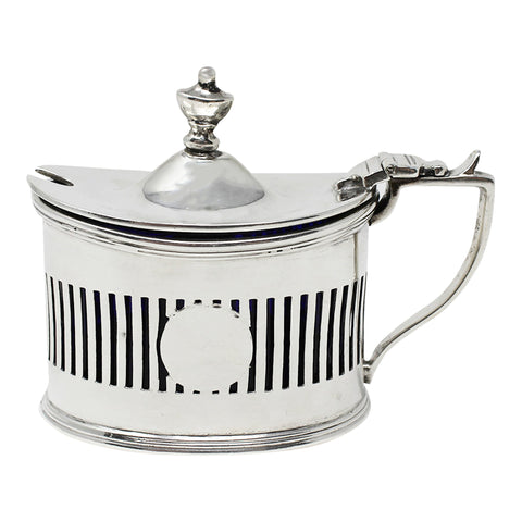 1895 Antique Victorian Era Sterling Silver Pierced Mustard Pot with Blue Glass Liner Silversmiths Haseler Brothers (Edward John Haseler & Noble Haseler) London Hallmarks