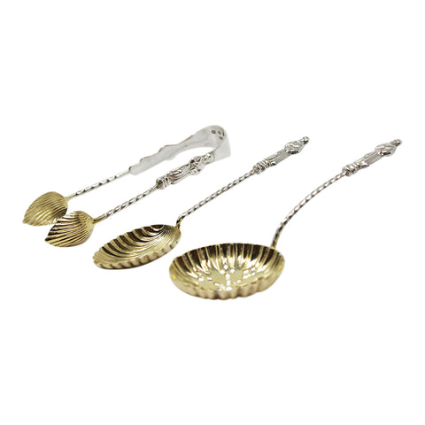 1896 Antique Victorian Era Set Six Silver Apostle Coffee Spoons, Sugar Tongs and Sifter Birmingham Hallmarks