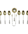 1896 Antique Victorian Era Set Six Silver Apostle Coffee Spoons, Sugar Tongs and Sifter Birmingham Hallmarks