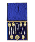 1896 Antique Victorian Era Set Six Silver Apostle Coffee Spoons, Sugar Tongs and Sifter Birmingham Hallmarks