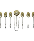 1896 Antique Victorian Era Set Six Silver Apostle Coffee Spoons, Sugar Tongs and Sifter Birmingham Hallmarks
