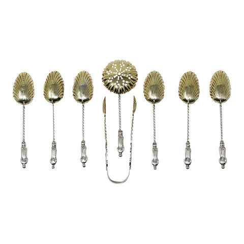 1896 Antique Victorian Era Set Six Silver Apostle Coffee Spoons, Sugar Tongs and Sifter Birmingham Hallmarks