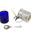 1896 Antique Victorian Era Sterling Silver Mustard Pot with Blue Glass Liner and Spoon Silversmith Thomas Hayes Birmingham Hallmarks