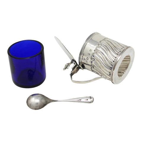 1896 Antique Victorian Era Sterling Silver Mustard Pot with Blue Glass Liner and Spoon Silversmith Thomas Hayes Birmingham Hallmarks