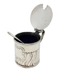 1896 Antique Victorian Era Sterling Silver Mustard Pot with Blue Glass Liner and Spoon Silversmith Thomas Hayes Birmingham Hallmarks