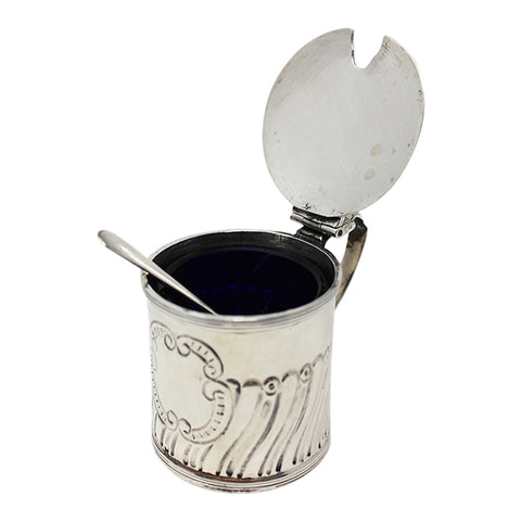 1896 Antique Victorian Era Sterling Silver Mustard Pot with Blue Glass Liner and Spoon Silversmith Thomas Hayes Birmingham Hallmarks